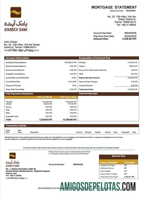 imprimível Modelo Word e PDF de declaração de hipoteca do Banco Iran Ayandeh